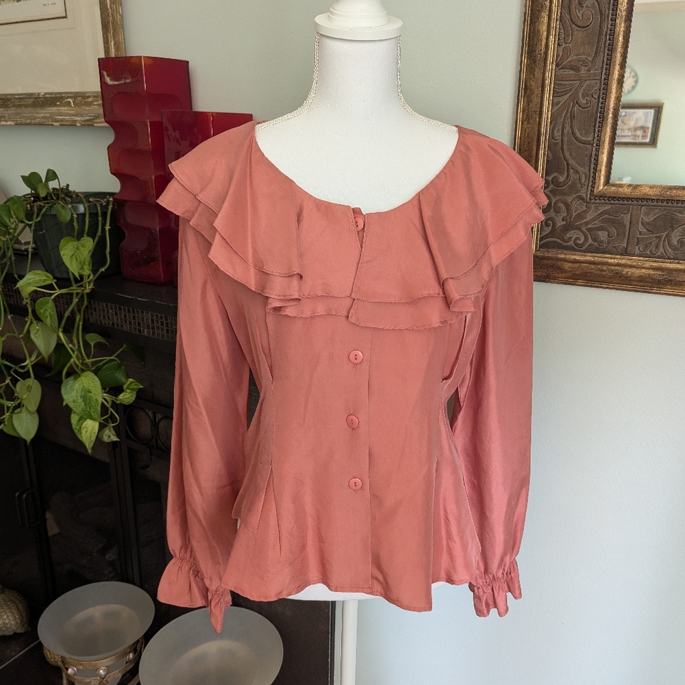 80s 90s Womens Medium Silk Ruffle Flounce Collar Button Front Pink Coquette 183